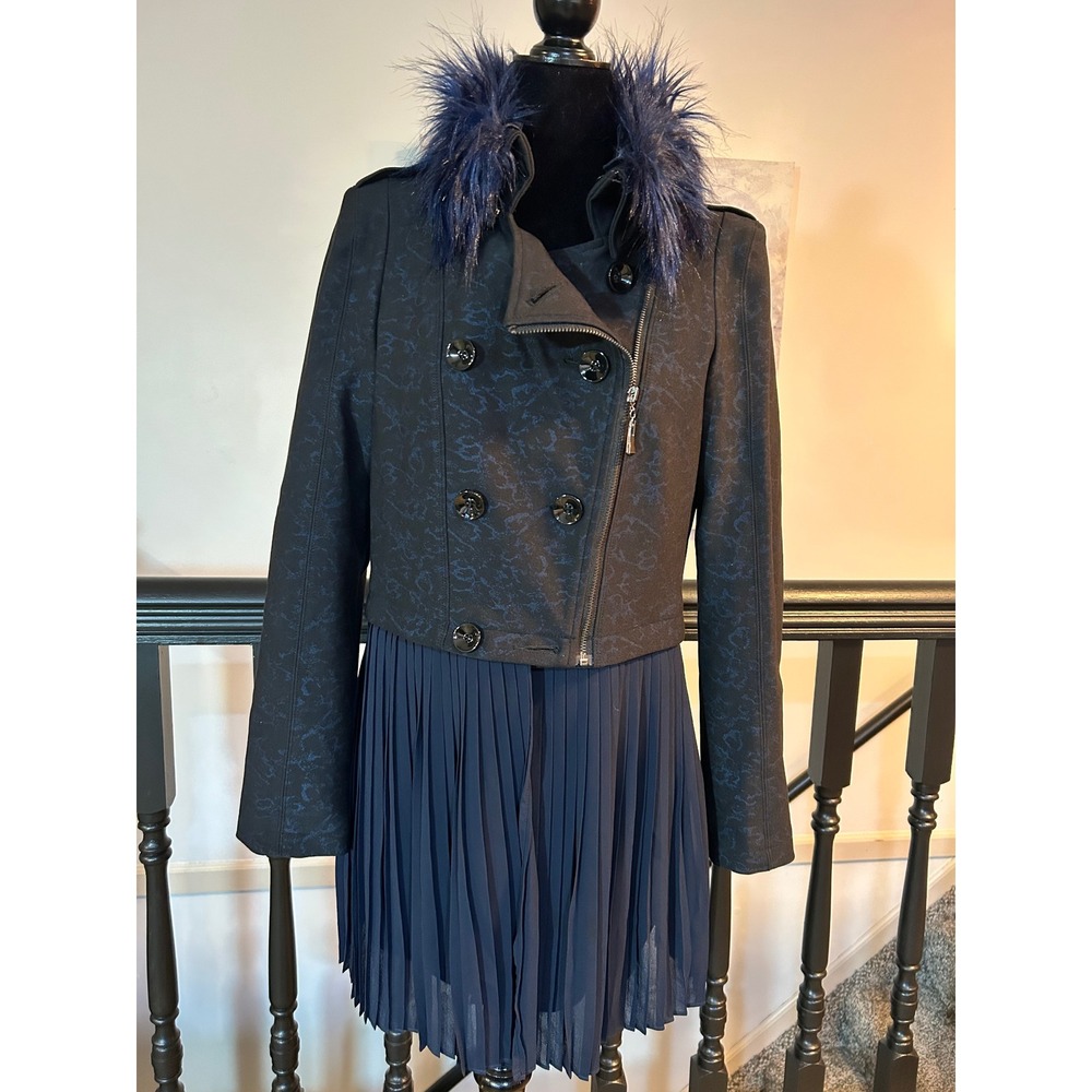 Simon Chang Navy Black Jacquard Pleated Chiffon Jacket Faux Fur Collar Size 6